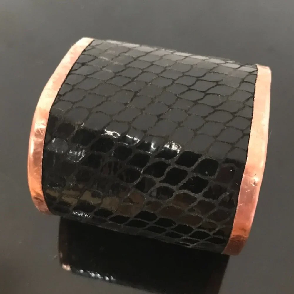 Genuine Leather Mermaid Scales Black Pure Copper Cuff Bracelet Handmade Custom - Picture 1 of 6